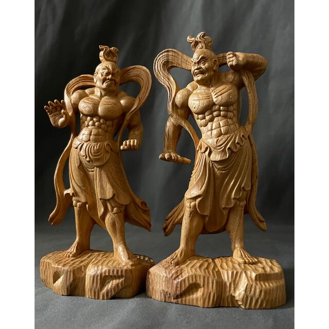 井波彫刻　仏教工芸品　総ケヤキ製　一刀彫　極上彫　木彫仏像　仁王立ち　仁王像一式