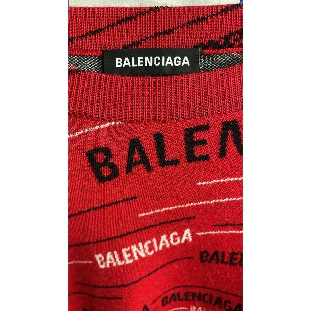 Balenciaga(バレンシアガ)のバレンシアガ BALENCIAGA 斜めロゴ 総柄 ニット セーター 赤 メンズのトップス(ニット/セーター)の商品写真