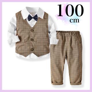 【100サイズ】B　茶色　ブラウンチェック　フォーマル 　キッズスーツ(ドレス/フォーマル)