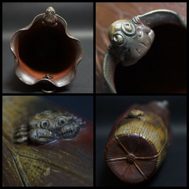 茶道具 備前焼 小西陶古造 窯変細工彫り『蓮葉に蛙蟹』掛花入花器 化粧