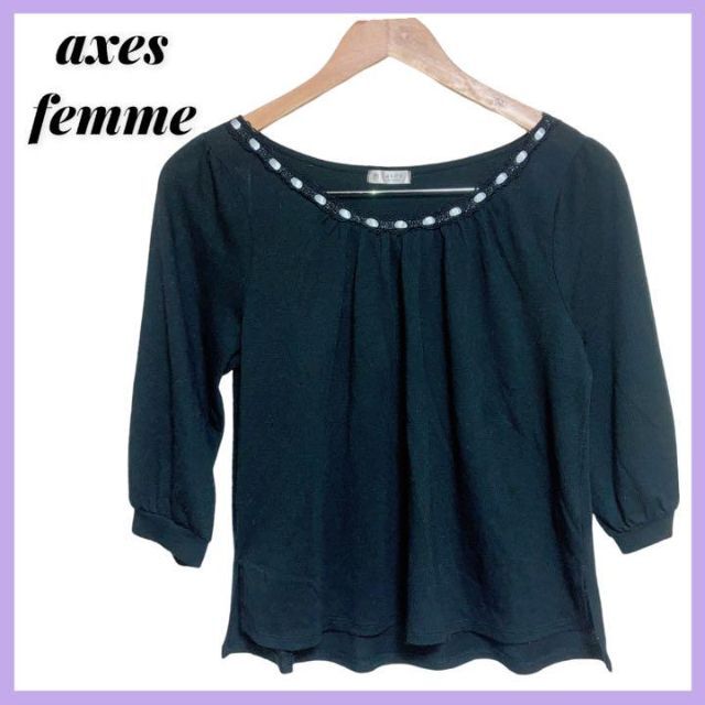 axes femme - axes femme レース付カットソー 黒 七分袖 アクシーズ