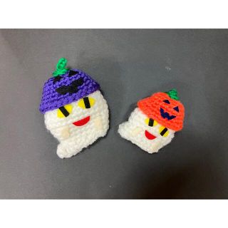 おばけハロウィン編みぐるみ指人形　紫色オレンジ　セット　ハンドメイド(あみぐるみ)