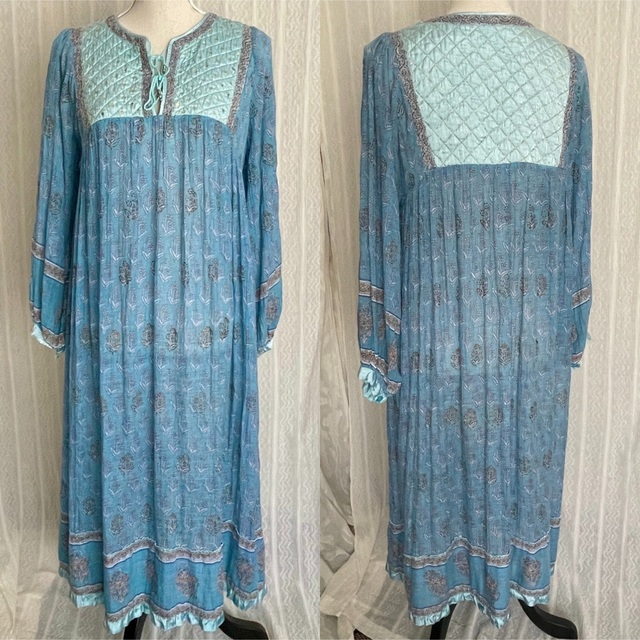 ヴィンテージ 70s インド綿 ワンピース 水色 レア スパンコール
