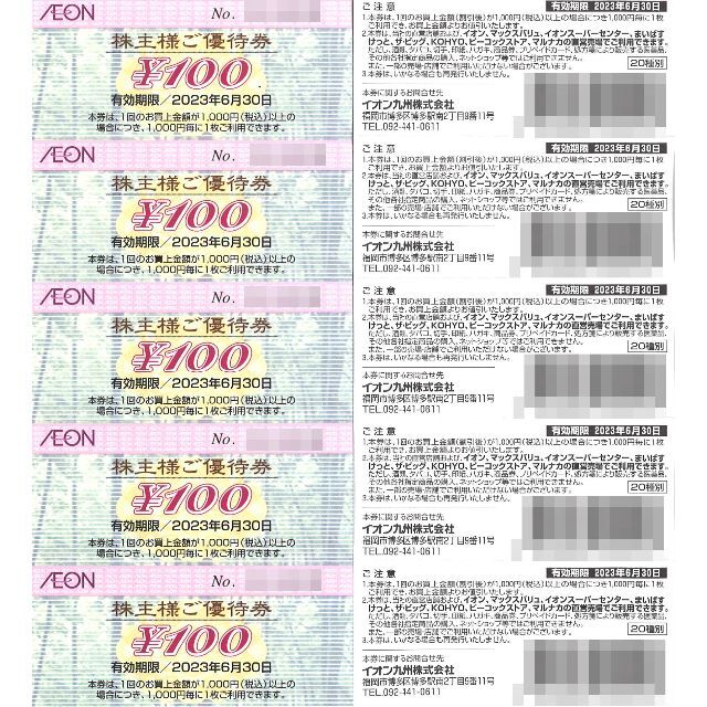 イオン九州 株主優待券1万円分(100円券×50枚綴×2冊) 23.6.30迄 イオン九州 株主優待券1万円分(100円券×50枚綴×2冊) 23.6.30迄