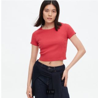 ユニクロ(UNIQLO)のリブクロップドTシャツ　レッド　XL(Tシャツ(半袖/袖なし))