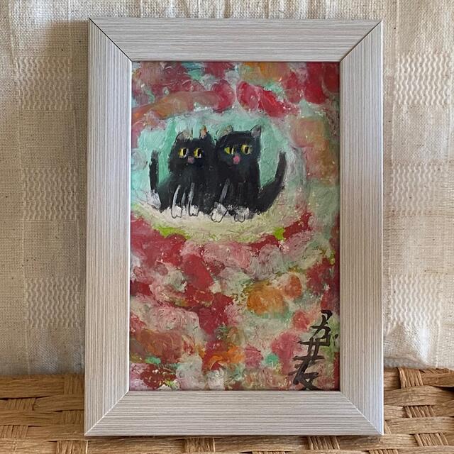 絵画。原画手描き【花の秘境で楽しく暮らす二匹の黒猫カップル】 エンタメ/ホビーの美術品/アンティーク(絵画/タペストリー)の商品写真