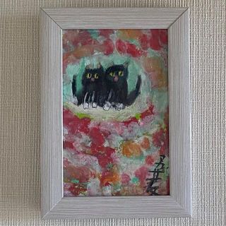 絵画。原画手描き【花の秘境で楽しく暮らす二匹の黒猫カップル】(絵画/タペストリー)