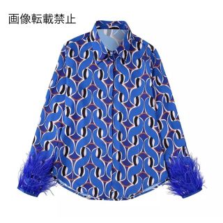 🌾9月新作🎑8995◆blue vintage レトロ 柄 ファー 袖 シャツ (シャツ/ブラウス(長袖/七分))