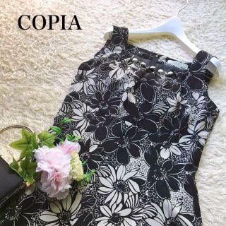 COPIA モノトーン ノースリーブ 切替ワンピース 花柄 黒×ベージュ系　M(ひざ丈ワンピース)