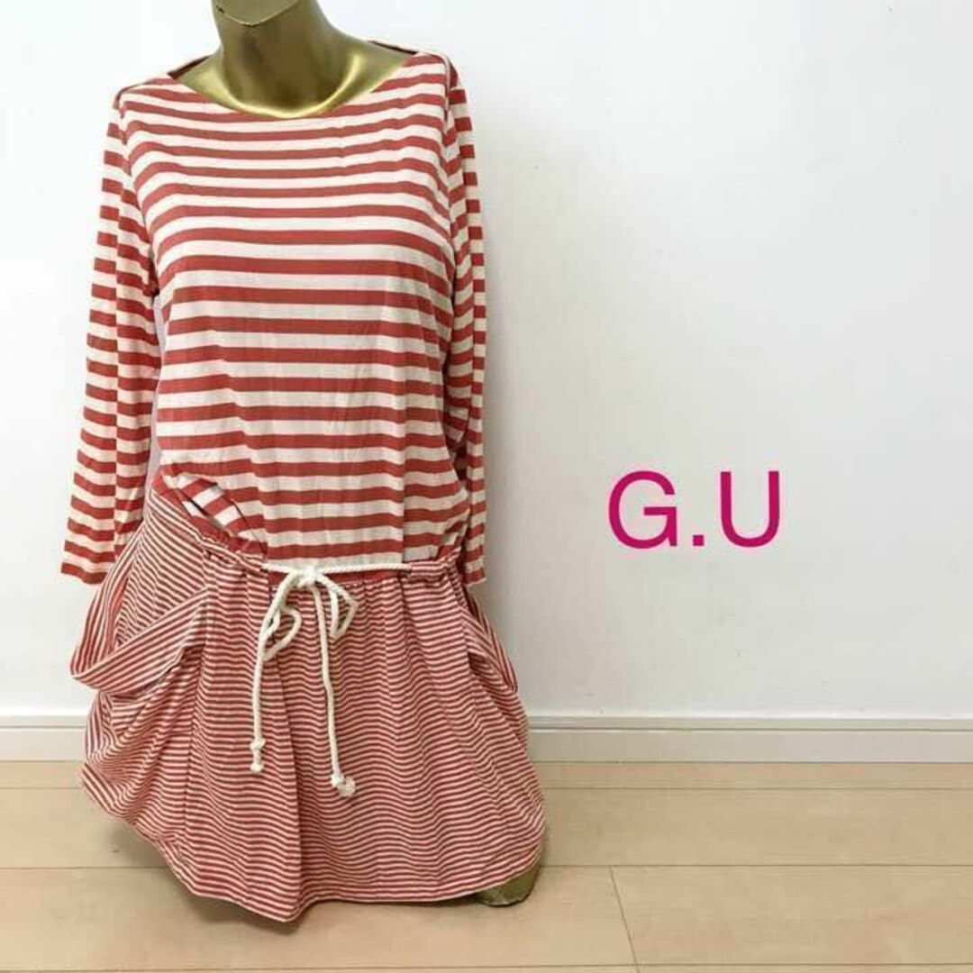 GU(ジーユー)の【0553】GU マリン ボーダー ワンピース L レッド レディースのワンピース(ひざ丈ワンピース)の商品写真