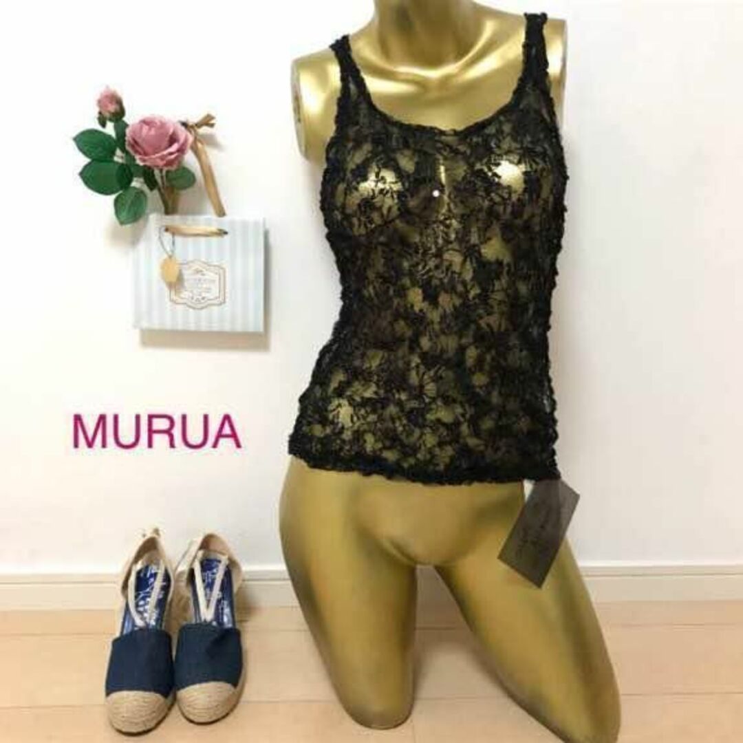 MURUA(ムルーア)の【0138】MURUA レース タンクトップ F ブラック スパンコール レディースのトップス(タンクトップ)の商品写真