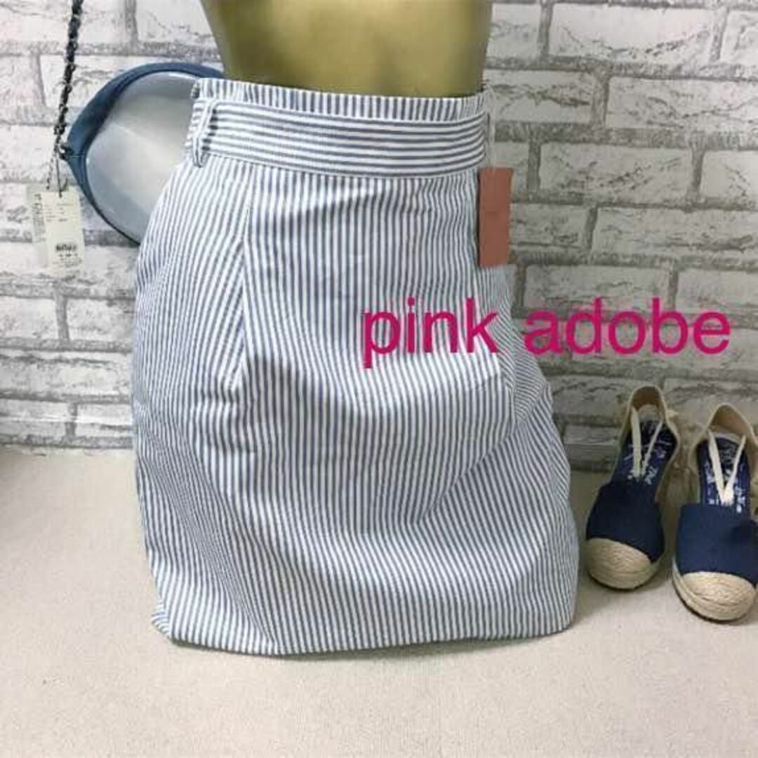 PINK ADOBE(ピンクアドべ)の【0218】pink adobe 後ろゴム ストライプ柄 スカート L レディースのスカート(ひざ丈スカート)の商品写真