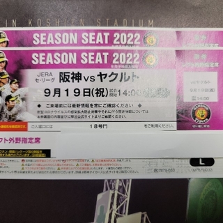 9月19 日 月㊗️阪神VSヤクルト 14 時開始 レフト外野指定席通路側2席(野球)