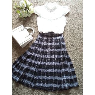 美品✨ルネ セットアップ チェック シルク フリル リボン 黒×白 38 L