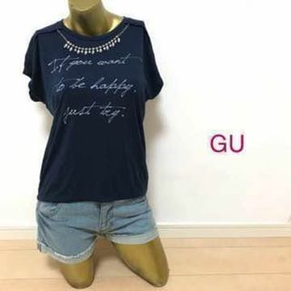 ジーユー(GU)の【0499】GU ビジュー ネックス 付きトップス S(カットソー(半袖/袖なし))