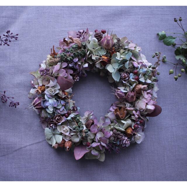 秋色紫陽花と木の実のパープルリース✳︎ドライフラワー◎20センチ