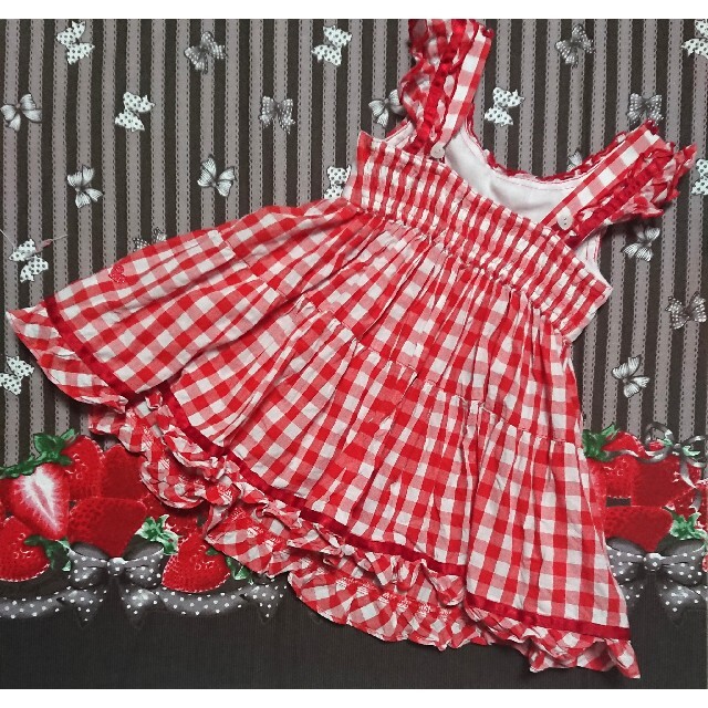 Shirley Temple(シャーリーテンプル)のシャーリーテンプル ギンガムチェック ジャンパースカート 赤 100cm キッズ/ベビー/マタニティのキッズ服女の子用(90cm~)(ワンピース)の商品写真