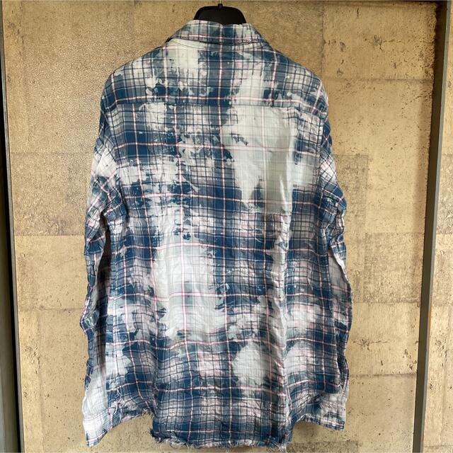 サンローラン ブリーチ加工 ダメージ チェックシャツ M ブルー系 【未