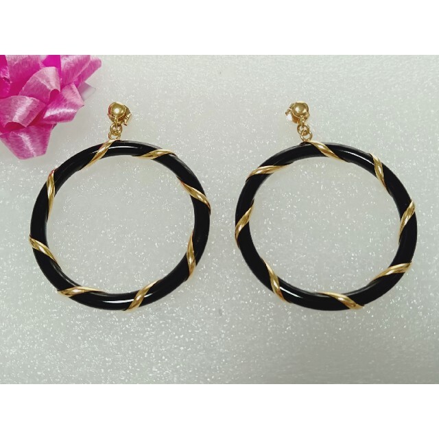 K18 18金 18k フープピアス オニキス ペア⑦♡-