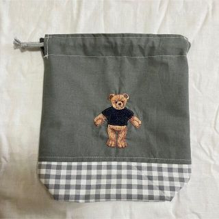 くまさん　刺繍　コップ袋　グレー　ギンガムチェック(外出用品)