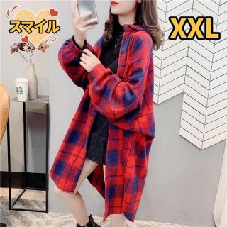 レディーストップス　チェック柄　ロングシャツカジュアル体型カバーレッドXXL(シャツ/ブラウス(長袖/七分))