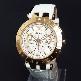 ヴェルサーチ(VERSACE)のヴェルサーチ Vレース クロノグラフ クオーツ メンズ 腕時計 型押しカーフ ホワイト 白 VERQ00220 箱付 訳あり VERSAC（新品・未使用品）(腕時計(アナログ))