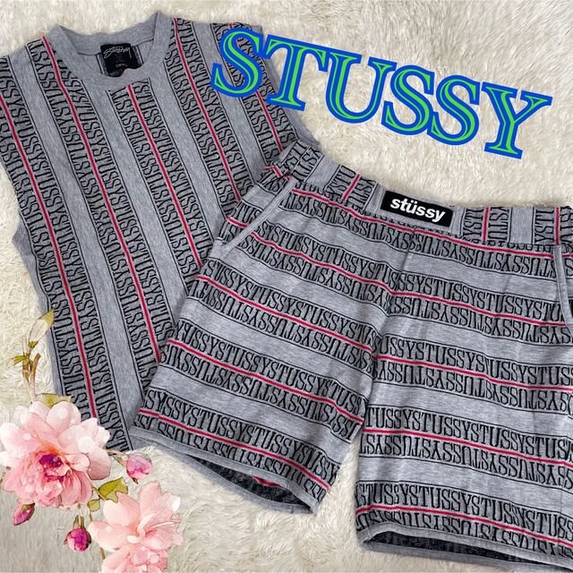 【STUSSY】総柄♡グレー♡半袖半ズボンセットアップ♡