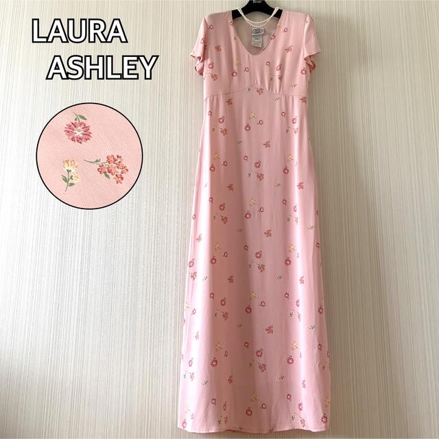 LAURA ASHLEY(ローラアシュレイ)のローラアシュレイ ワンピース 花柄 フレンチスリーブ ピンク S 英国製 レディースのワンピース(ロングワンピース/マキシワンピース)の商品写真