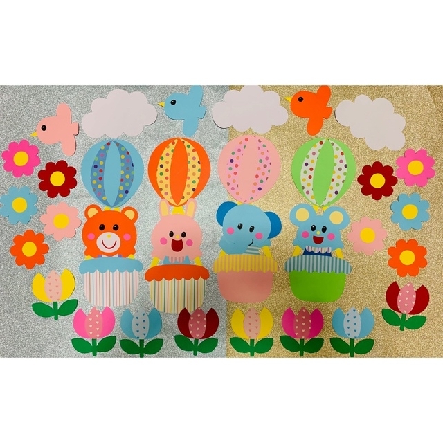 壁面飾り 動物 気球 花 幼稚園 保育園 花 鳥 ハンドメイドの素材/材料(型紙/パターン)の商品写真