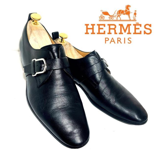 HERMES 40 1/2 モンクストラップ ビジネスシューズ 黒 レザー 本革