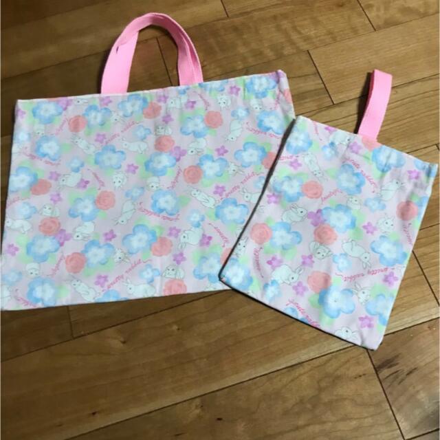 入園、入学◎レッスンバック　上履き入れ　うさぎ　ピンク  シューズ入れ　セット ハンドメイドのキッズ/ベビー(バッグ/レッスンバッグ)の商品写真