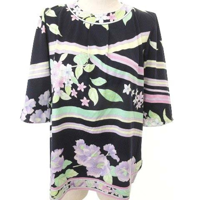 レオナール 花柄 M〜L カットソー 黒 シャツ セットアップ スカート 綿-