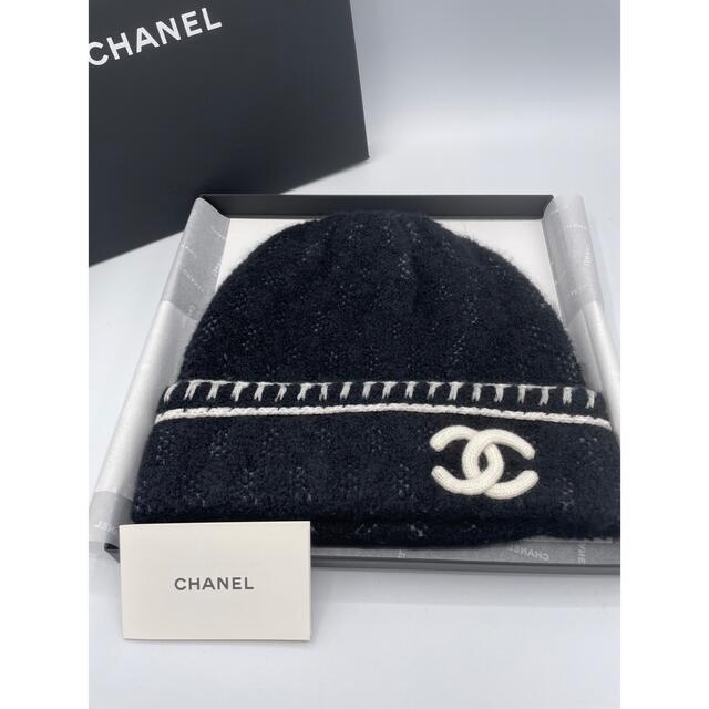 シャネル ニット帽 CHANEL  新作ニットキャップ 23 帽子 カメリア 黒