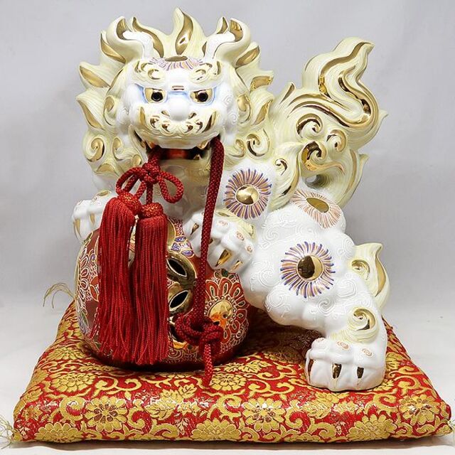九谷焼 玉乗り獅子 狛犬 九谷焼獅子 白 獅子 白獅子 玉獅子 魔除け