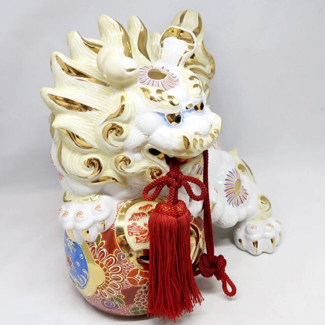 九谷焼 玉乗り獅子 狛犬 シーサー 九谷焼獅子 白 獅子 白獅子 置物 約
