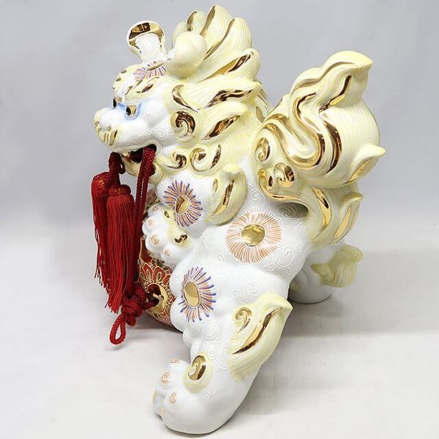 九谷焼 玉乗り獅子 狛犬 シーサー 九谷焼獅子 白 獅子 白獅子 置物 約
