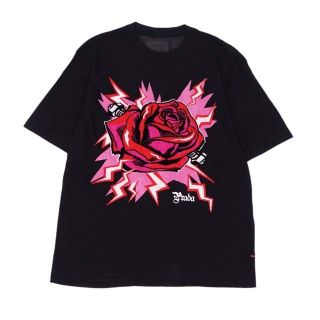 プラダ(PRADA)のプラダ Tシャツ プリント ローズ 半袖 トップス メンズ L ブラック(Tシャツ/カットソー(半袖/袖なし))