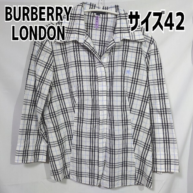 BURBERRY(バーバリー)のバーバリーロンドン チェックブラウス 7分袖 42サイズ ホワイト 黒 青 レディースのトップス(シャツ/ブラウス(長袖/七分))の商品写真