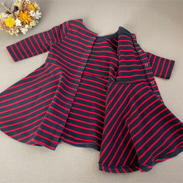 PETIT BATEAU(プチバトー)のプチバトー ୨୧ ボーダー フレア ワンピース 12m 74cm キッズ/ベビー/マタニティのベビー服(~85cm)(ワンピース)の商品写真