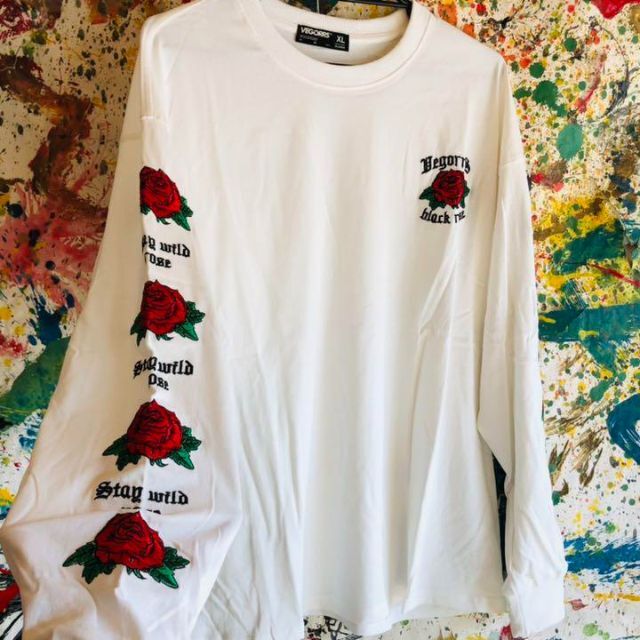 刺繍 薔薇】 バラ ロンT カットソー 秋 袖 白 ホワイト XXL XLの 刺繍 薔薇】 バラ ロンT カットソー 秋 袖 白 ホワイト XXL XLの