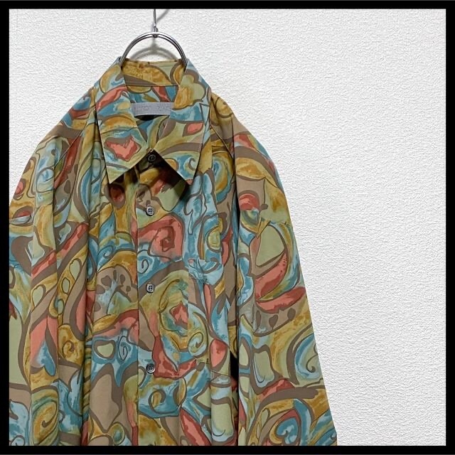 90s SP メンズ レトロ 古着 総柄 長袖 柄シャツ 総柄シャツ ポリシャツ ...