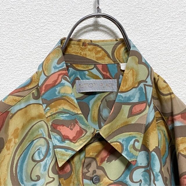 90s SP メンズ レトロ 古着 総柄 長袖 柄シャツ 総柄シャツ ポリシャツ ...