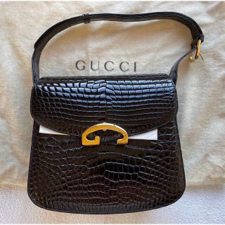 グッチ(Gucci)のGUCCI クロコダイル レザー ゴールド金具 ボックス型 2wayバッグ 黒(ショルダーバッグ)