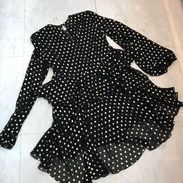 Saint Laurent(サンローラン)の★美品★サンローランパリ　ワンピース　ドット　シルク　Mサイズ　フリル レディースのワンピース(ひざ丈ワンピース)の商品写真