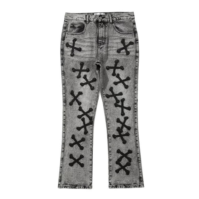 【海外輸入品】Leather cross patch jeans