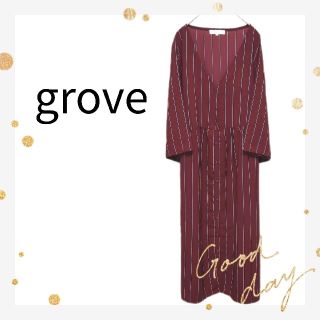 グローブ(grove)のgrove ストライプ柄ロングワンピース M 七分袖 レッド Vネック(ロングワンピース/マキシワンピース)