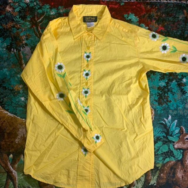 花柄　刺繍　長袖シャツ　コットン　黄色　イエロー　90s 　USA