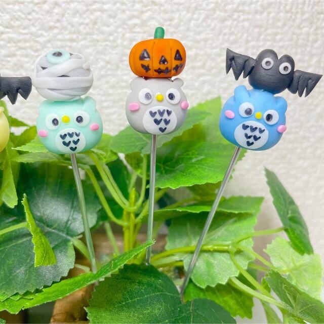 ハンドメイド　福を呼ぶフクロウさんのハロウィンピック　多肉植物