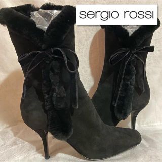 セルジオロッシ(Sergio Rossi)のGUMI様⭐︎大きいサイズSergio Rossiリアルファーリボン黒ブーティ(ブーティ)