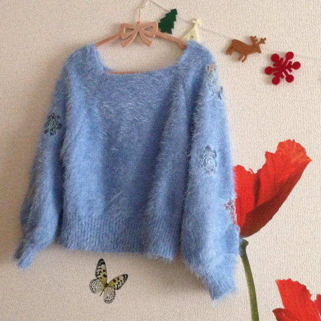 シャギーニット♡袖にお花のシースルー レディースのトップス(ニット/セーター)の商品写真